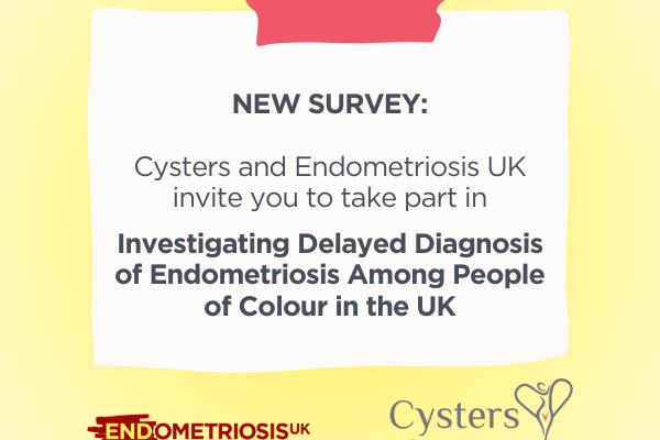 A sign that says 'New survey: Cysters and Endometriosis UK invite you to take part in "Investigating delayed diagnosis of endometriosis among people of colour in the UK."' Beneath the text there are images of the Endometriosis UK logo and the Cysters logo.