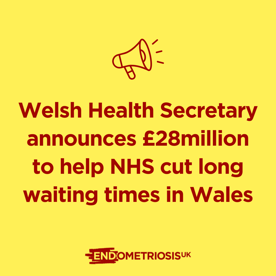 Image description: Red text on a yellow background reads: "Welsh Health Secretary announces £28million to help NHS cut long waiting times in Wales"