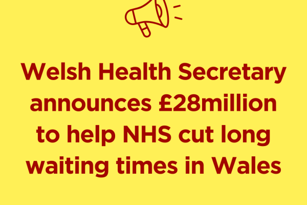 Image description: Red text on a yellow background reads: "Welsh Health Secretary announces £28million to help NHS cut long waiting times in Wales"